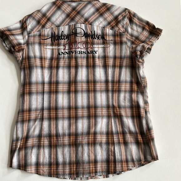 Harley Davidson Short Sleeve Brown Plaid Snap Button Down Blouse - Picture 8 of 9